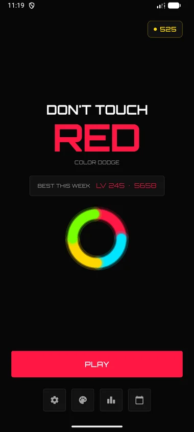 Don't Touch Red main menu with level select, daily challenge entry, and theme store