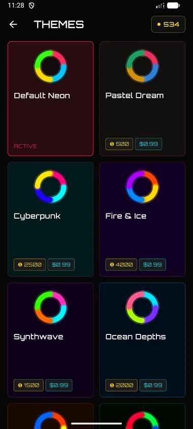 Theme store showing five unlockable cosmetic themes: Voltage Noir, Cyberpunk, Synthwave, Ocean Depths, Fire & Ice